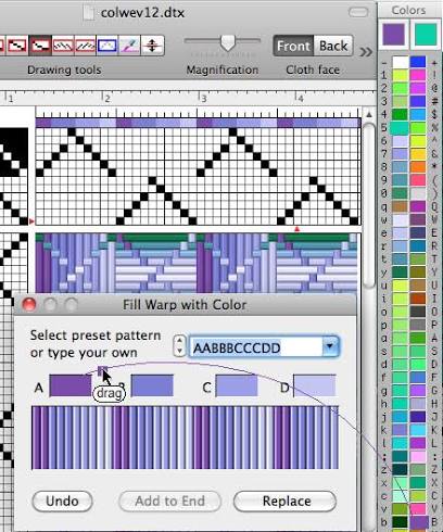 Fiberworks drafting software showing a weaving draft with colour fill dialog