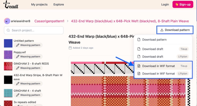 Treadl project page showing Download in WIF format options for Tieup and Liftplan