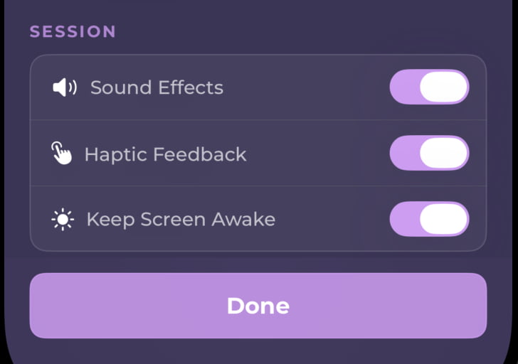 WeavingGem Session settings with Keep Screen Awake toggle enabled
