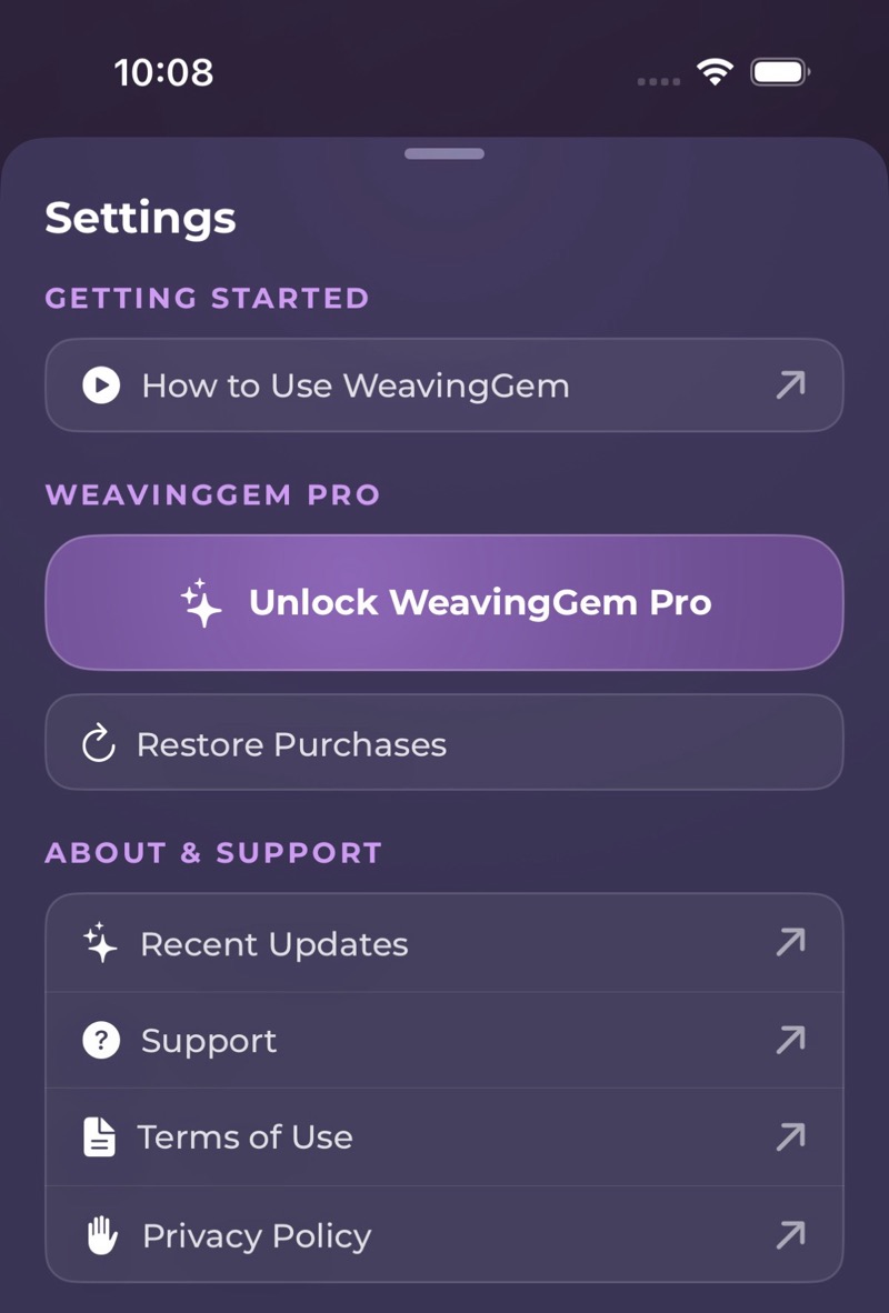WeavingGem home Settings with How to Use tutorial, Unlock WeavingGem Pro, and About and Support links