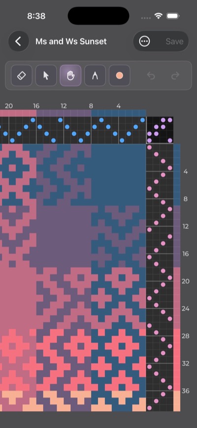 WeavingGem Draft Designer on iPhone with yarn colour bars and drawdown canvas