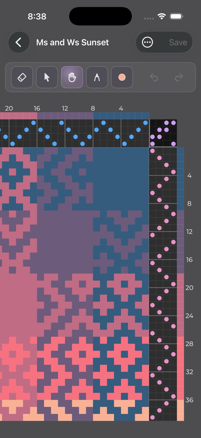 WeavingGem Draft Designer on iPhone showing threading, treadling, yarn colour bars, and the drawdown canvas in the centre