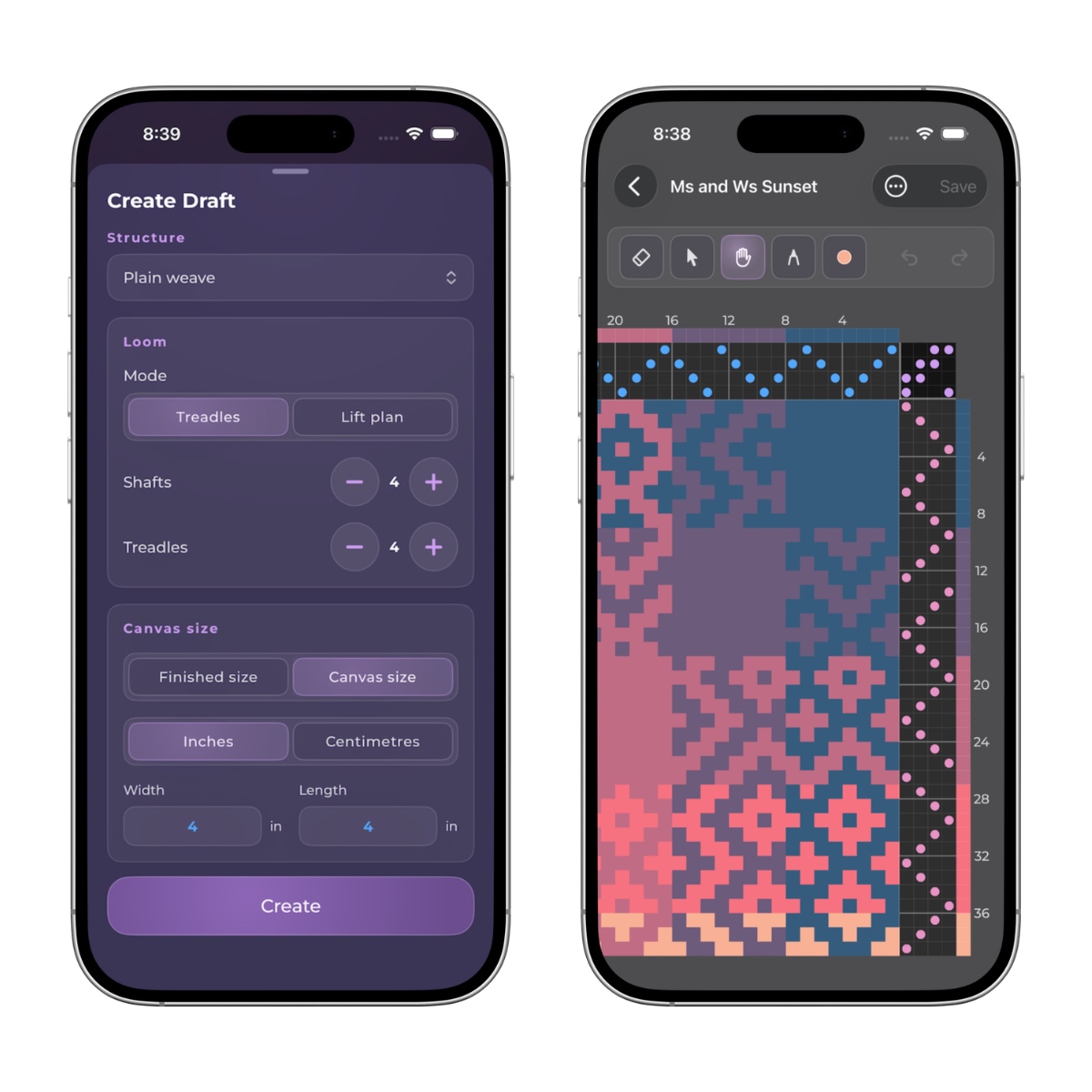 WeavingGem Create Draft setup beside the pattern editor canvas on iPhone