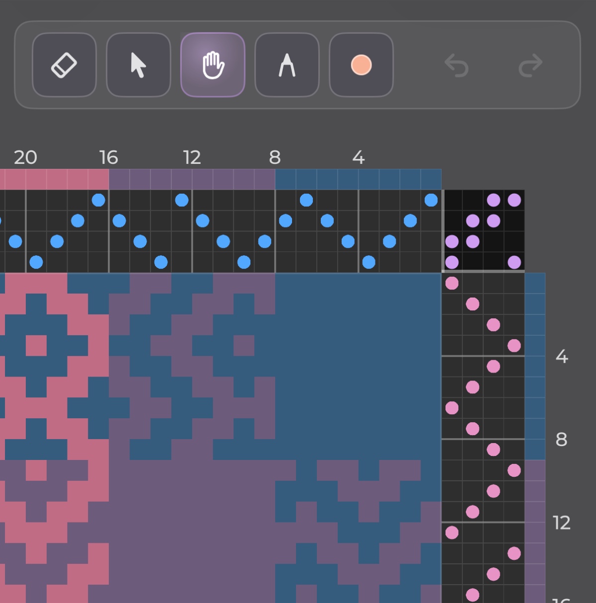 WeavingGem pattern editor canvas with threading, tie-up, treadling, and textile design