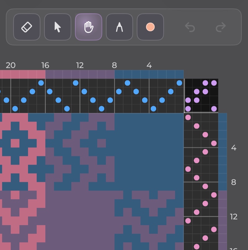 WeavingGem Draft Designer zoomed in on threading, tie-up, treadling, and the coloured drawdown, with the Move tool selected