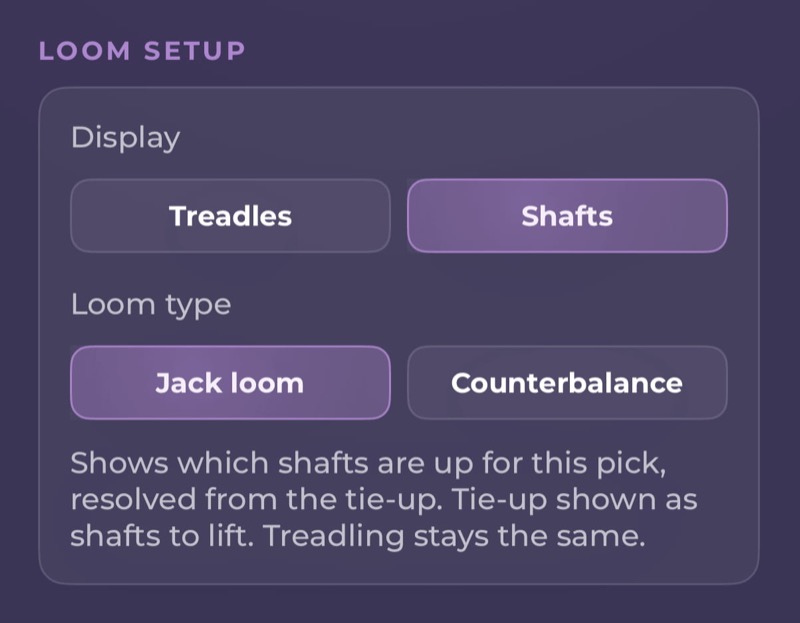 WeavingGem loom setup — treadles, shafts, and loom type options