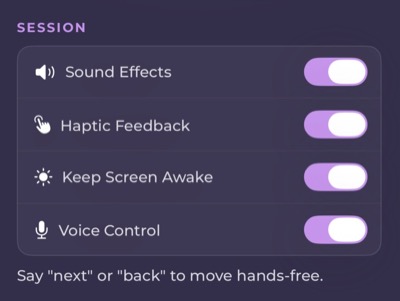 WeavingGem Settings with Voice Control toggle for hands-free weave tracking