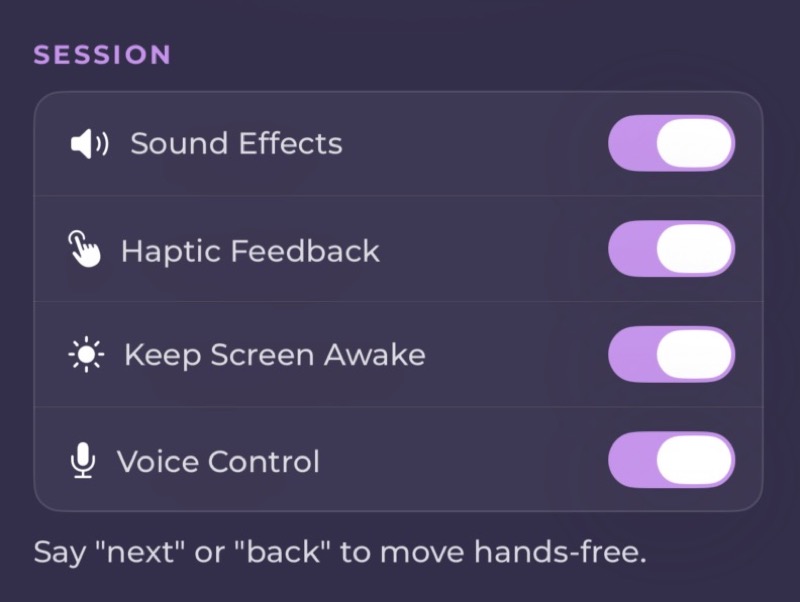 WeavingGem Settings with Voice Control toggle for hands-free weave tracking