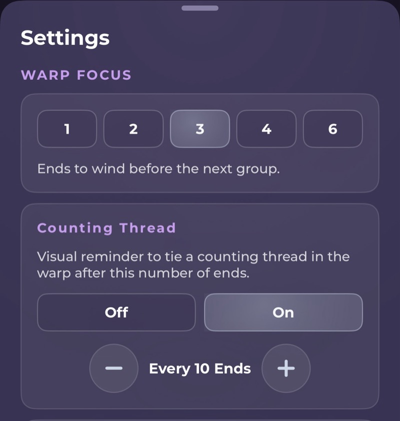 WeavingGem Warp Focus settings with counting thread and bout reminders