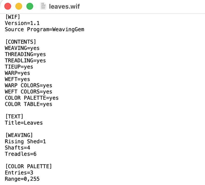 Plain-text leaves.wif file open in TextEdit showing WIF 1.1 section headers