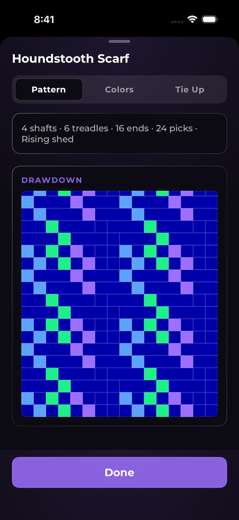 WeavingGem WIF draft preview and yarn color matching on iPad